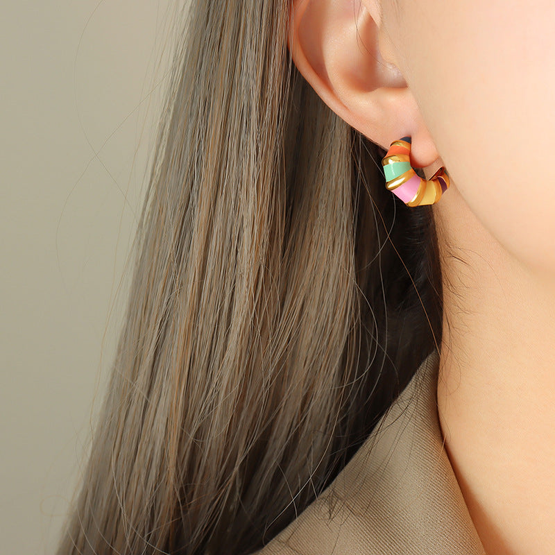 Retro Striped Enamel Earrings for Women – Non-Fading Titanium Steel Jewelry