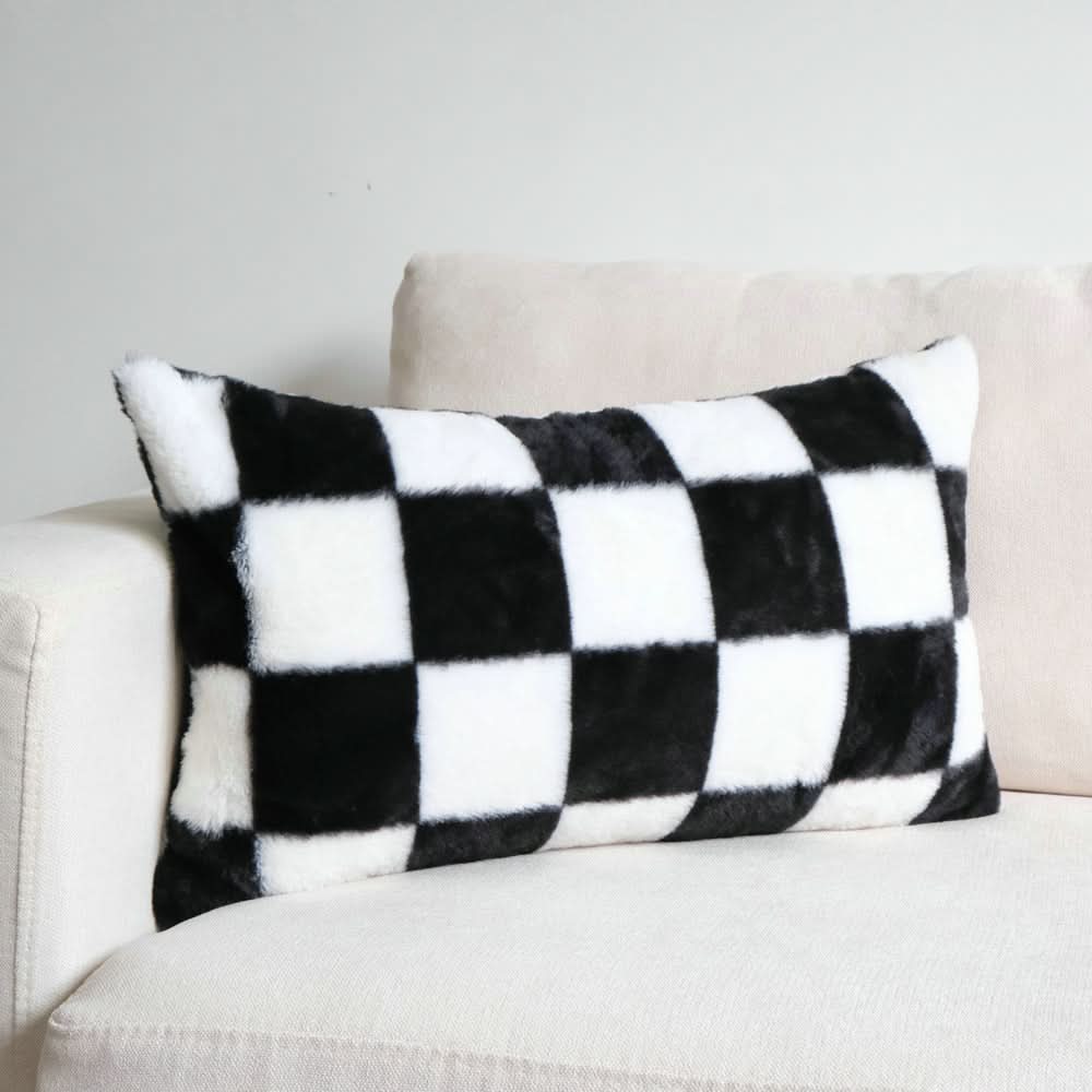 Black & White Checkerboard Pillowcase - Modern Embroidery, Rabbit Fur Accent
