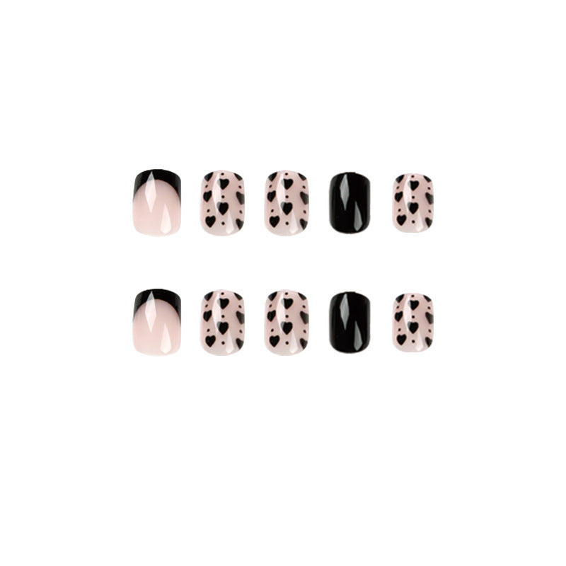 Black French Tip Press-On Nails with Heart Design – Square Glue-On Nail Art