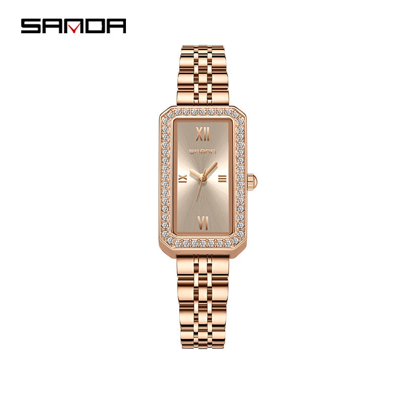 SANDA Women's Quartz Watch – Retro Diamond-Accented Stainless Steel Band
