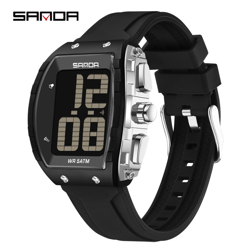 Sanda Digital Barrel Watch – Waterproof Multifunction Student Watch with Voice Time