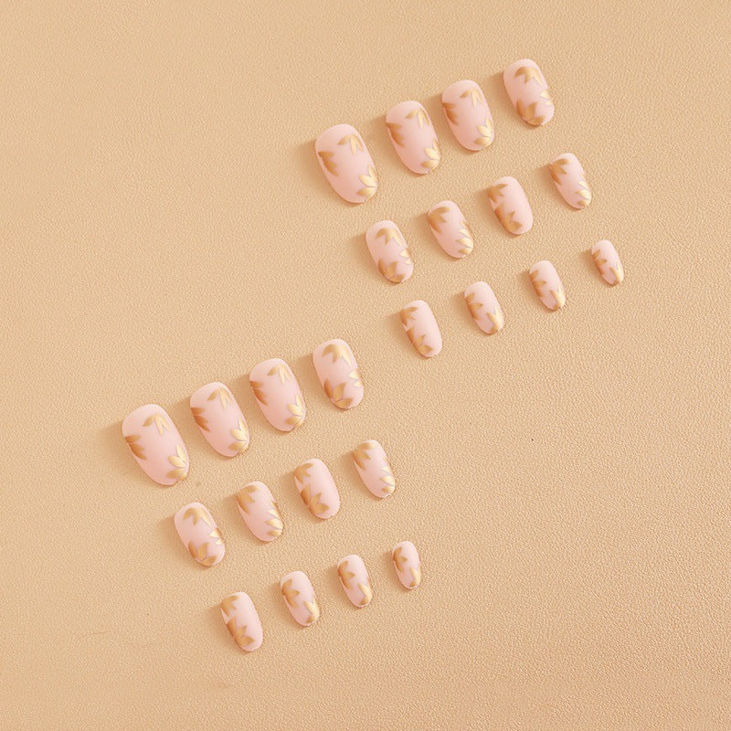 Matte Nude & Gold Leaf Press-On Nails – Oval Acrylic Medium Glue-On Set