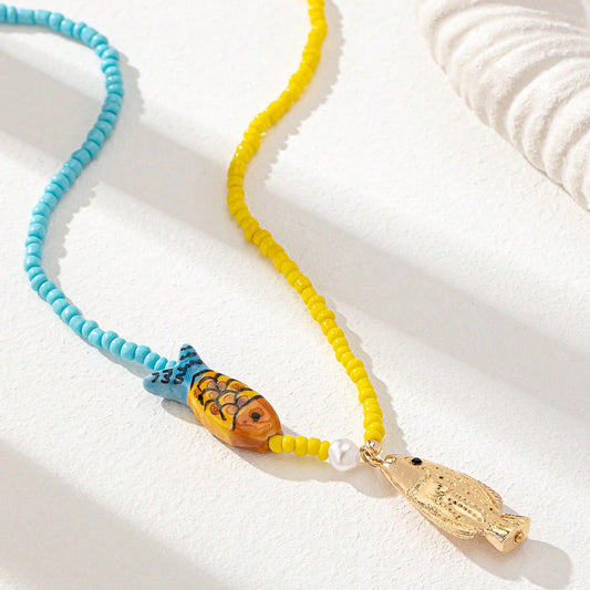 Beach Beaded Necklace for Women – Ocean Charm Coral Conch Pendant Jewelry