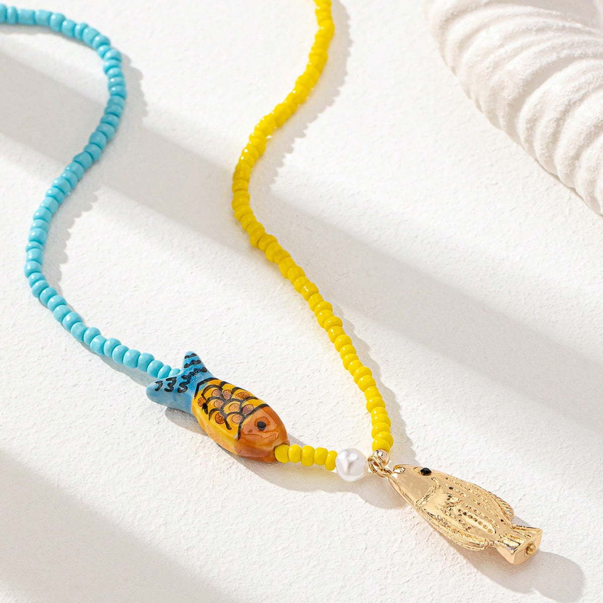 Beach Beaded Necklace for Women – Ocean Charm Coral Conch Pendant Jewelry