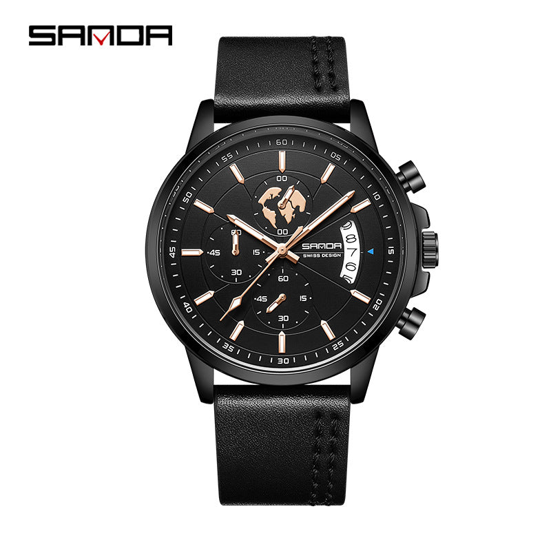 Sanda Men’s Quartz Watch – Three-Eye Chronograph, 30M Waterproof Casual Analog Watch