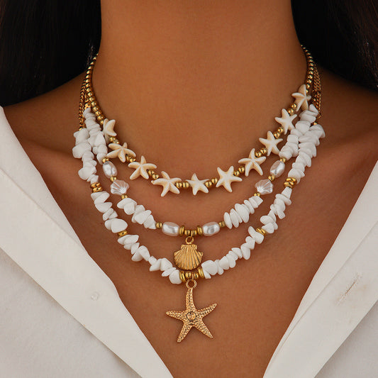 Layered Bead Shell Charm Necklace for Women – Fashionable Alloy Jewelry