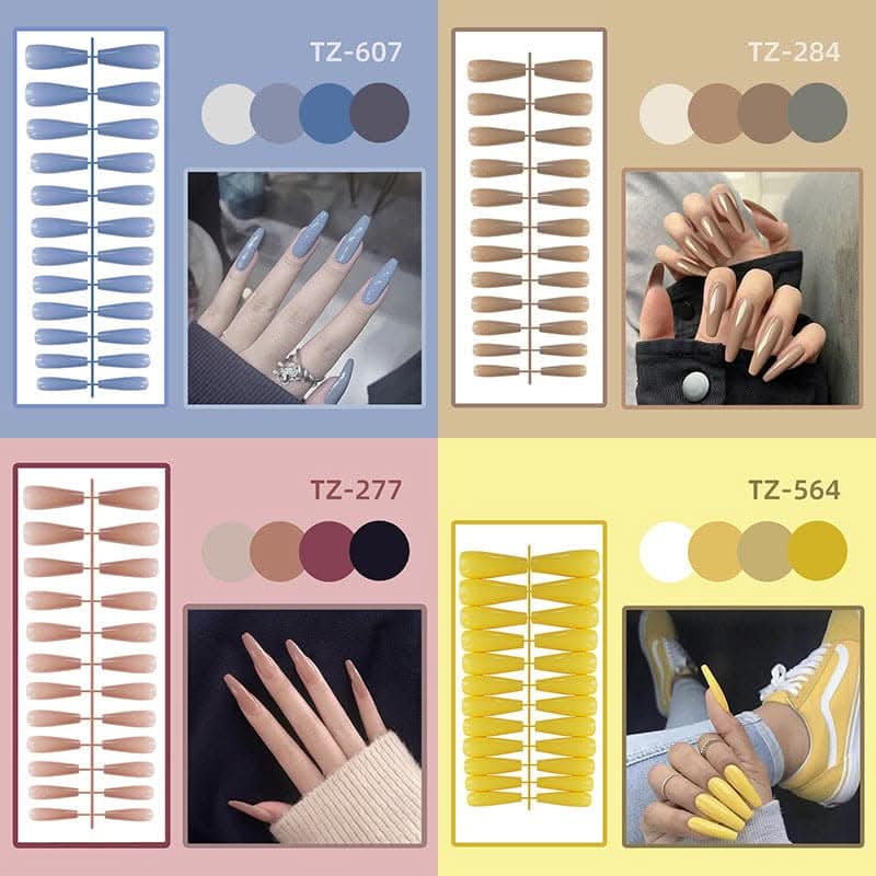 Long Ballet Shiny Trapezoidal Nail Stickers – 24-Piece Solid Color Set