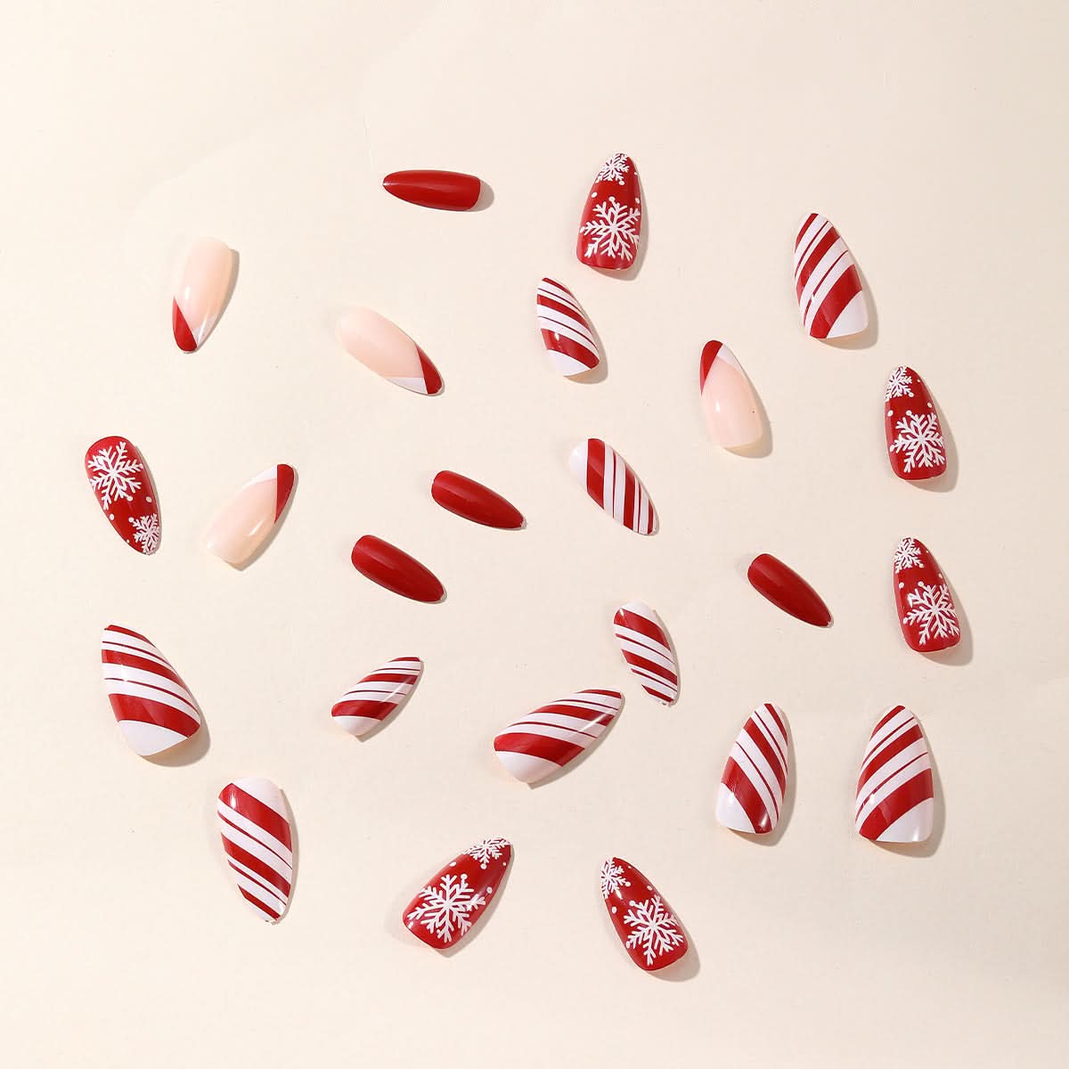 Christmas Almond French Tip Snowflake False Nails