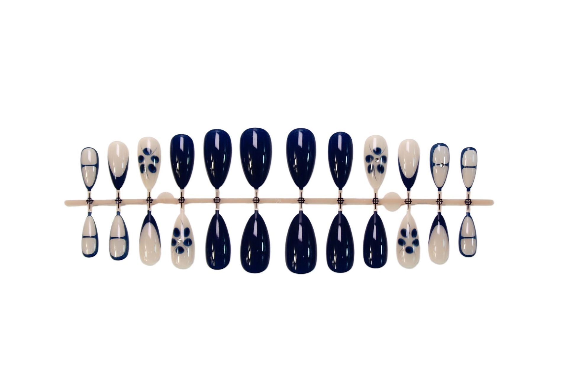 Navy Blue Almond Press-On Nails – Floral Half-Moon Medium Glossy Nail Art