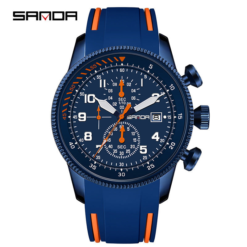 Sanda Men’s Quartz Watch – Three-Eye Chronograph, Silicone Strap Analog Watch