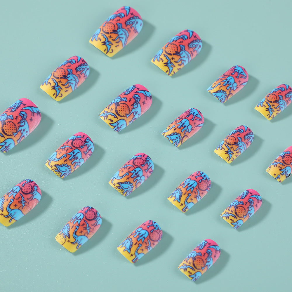 Playful Dinosaur Press-On Nails – Neon Rainbow Square Matte Acrylic Set