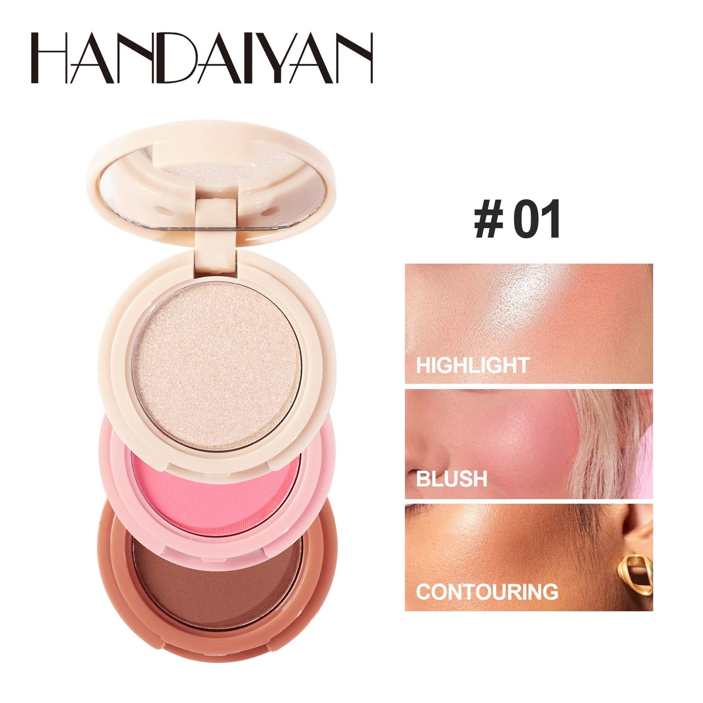 Handaiyan 3-in-1 Contour, Highlighter & Blush Palette – Glow-Boosting