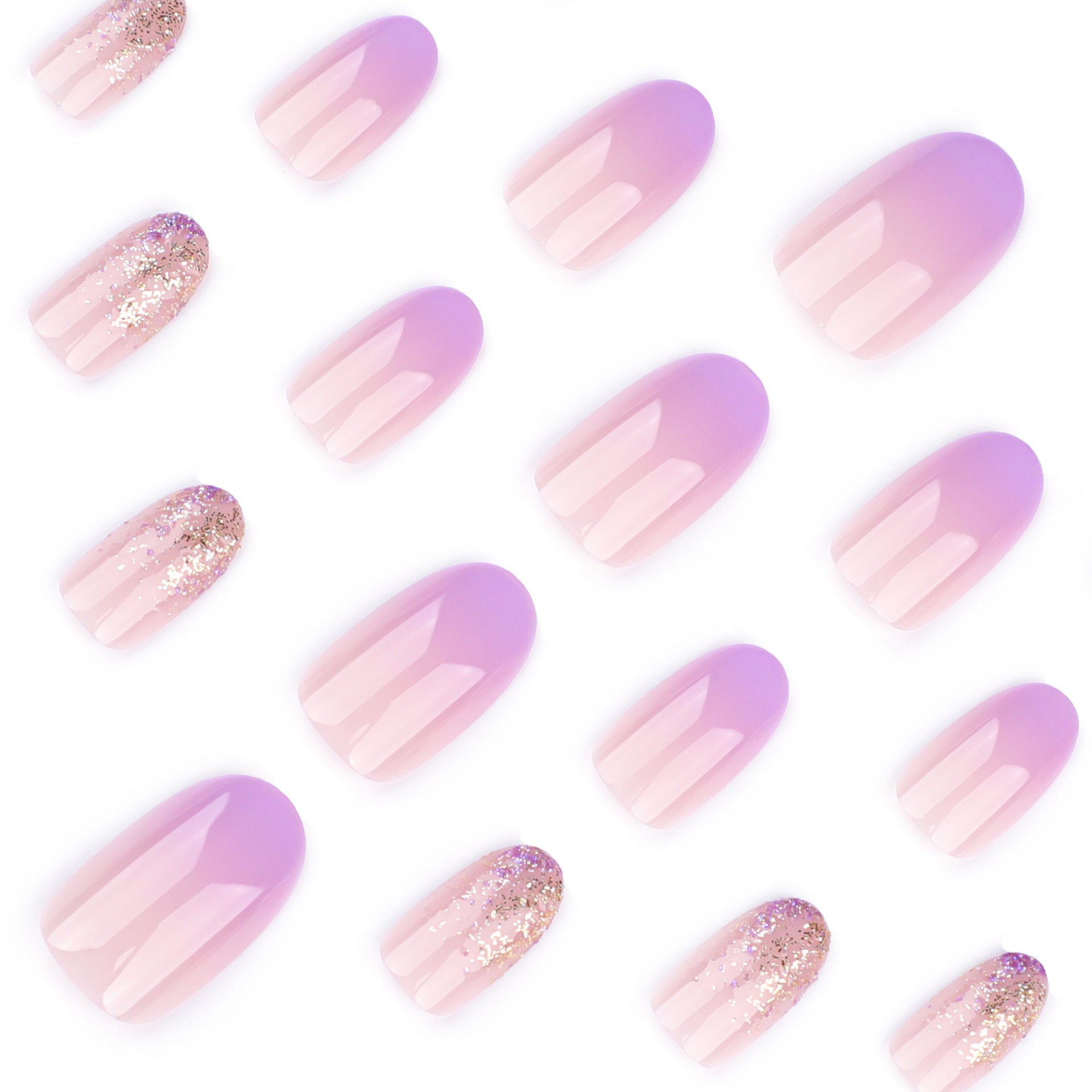 Purple Gradient Ombre Press-On Nails with Gold Glitter - Elegant Oval Glue-On Acrylic Set