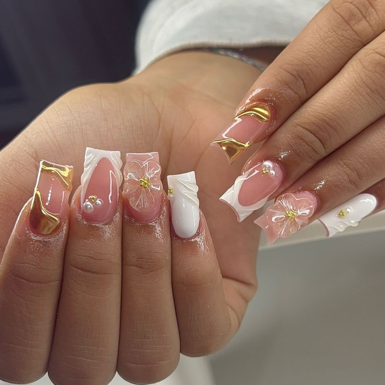 Elegant 3D Floral Press-On Nails with Pearls & Gold Accents – Square Acrylic Set