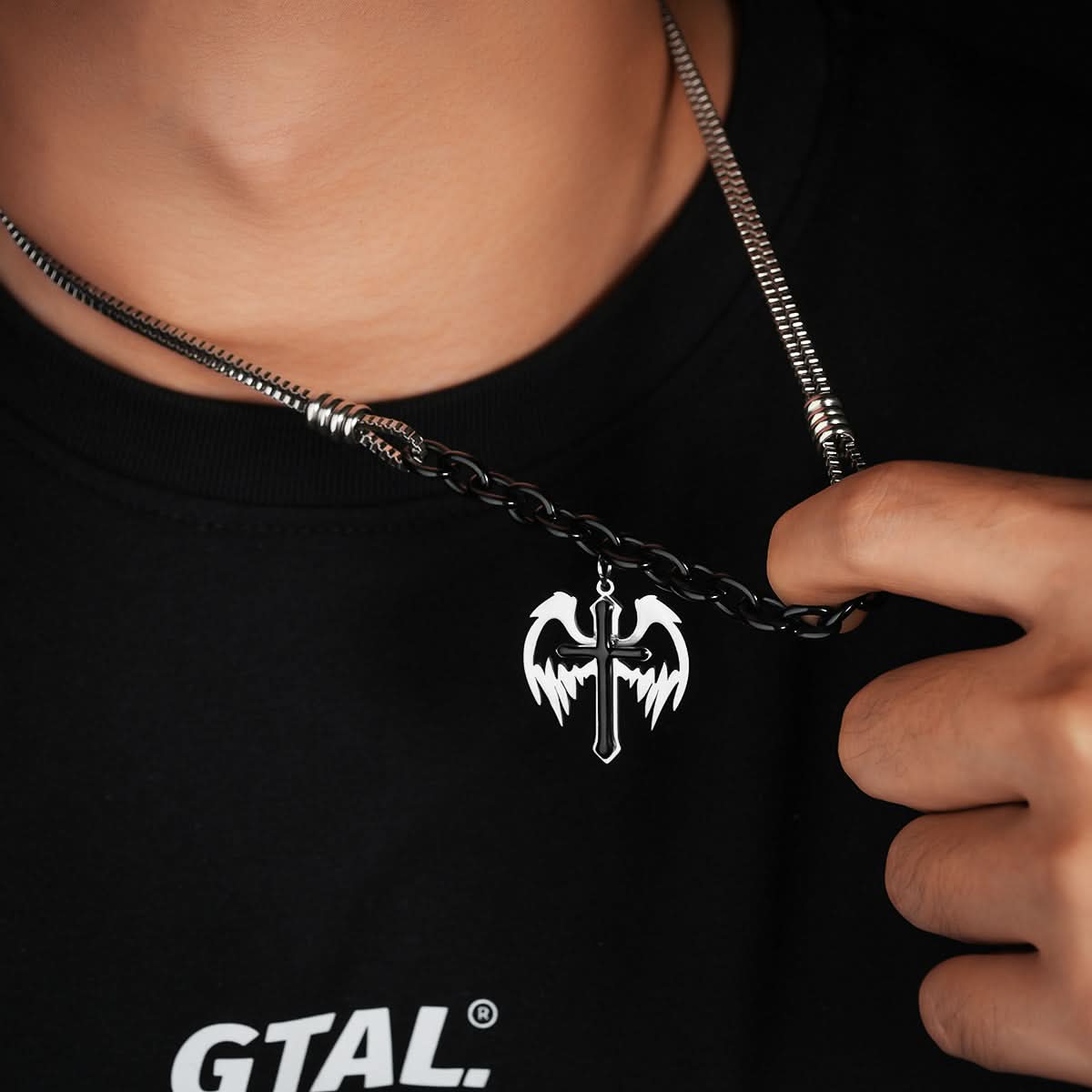 Men’s Feather Cross Double-Layer Necklace – Hip-Hop Style