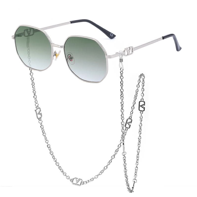 Trendy Women’s Sunglasses with Chain – Stylish Full-Frame Polygonal Shades