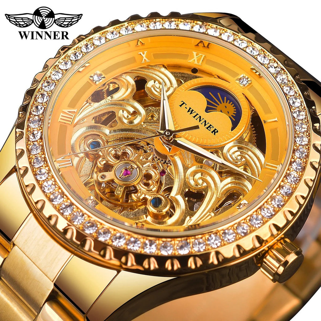 T-Winner Men’s Skeleton Automatic Mechanical Watch – Rhinestone Bezel, Fashion Timepiece
