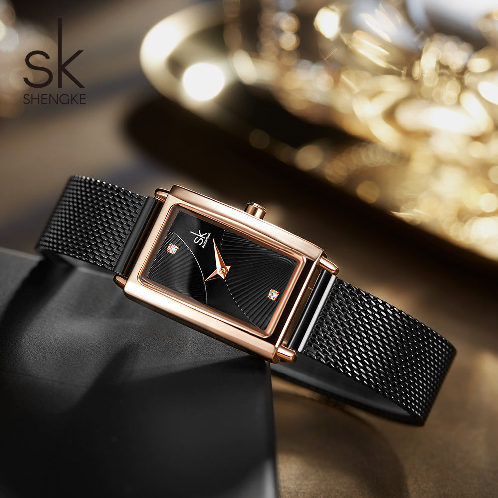 SK Women’s Square Quartz Watch – Stainless Steel Strap, Slim Business Style Timepiece