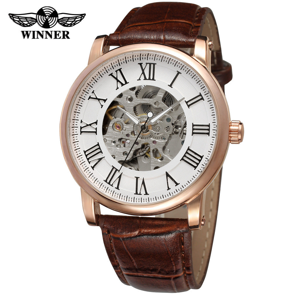 T-Winner Men’s Skeleton Mechanical Watch – Classic Roman Numerals, Leather Strap
