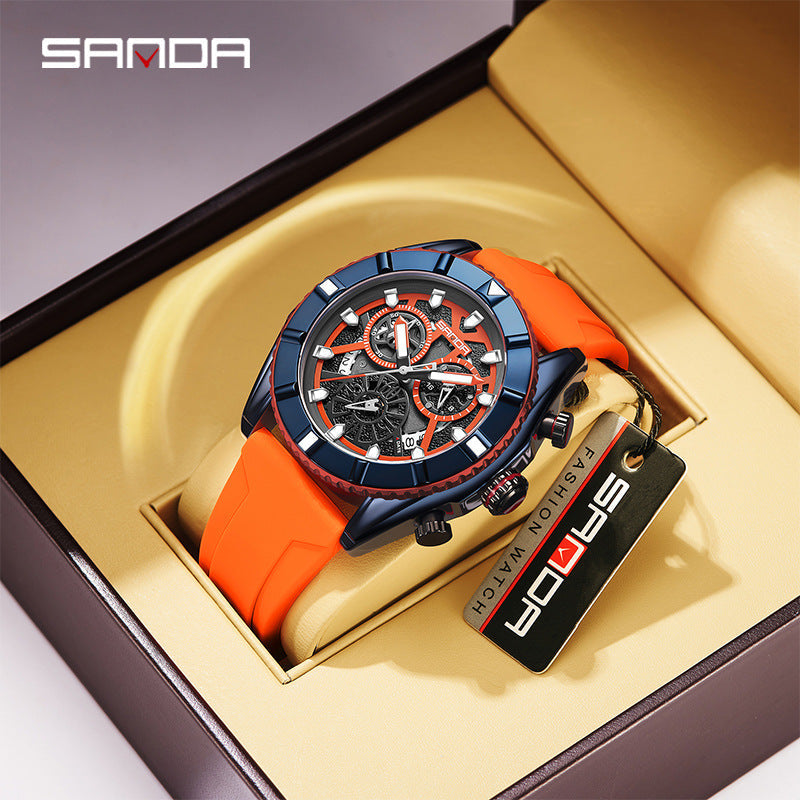 SANDA Luminous Men’s Quartz Watch – Silicone Strap with Calendar & Small Three-Hand