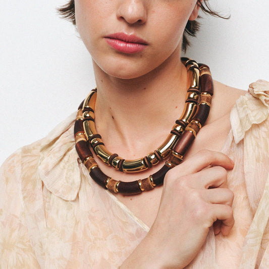 Handmade Wood Bead Necklace – Geometric Resin Statement Jewelry for Women