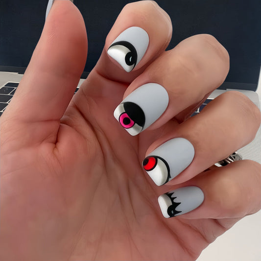 Frosted Square Press-On Nails with Cute Eye Motif – Acrylic Glue-On Nail Art
