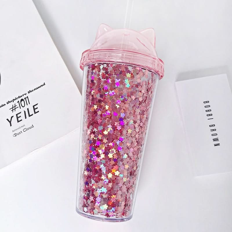 Cute Cat Ear Glitter Straw Cup, 450ml