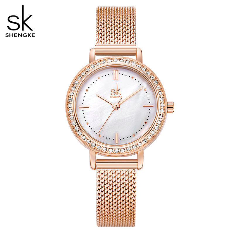 SK Women’s Quartz Watch – Diamond Accent Mesh Strap, 30M Waterproof Business Style