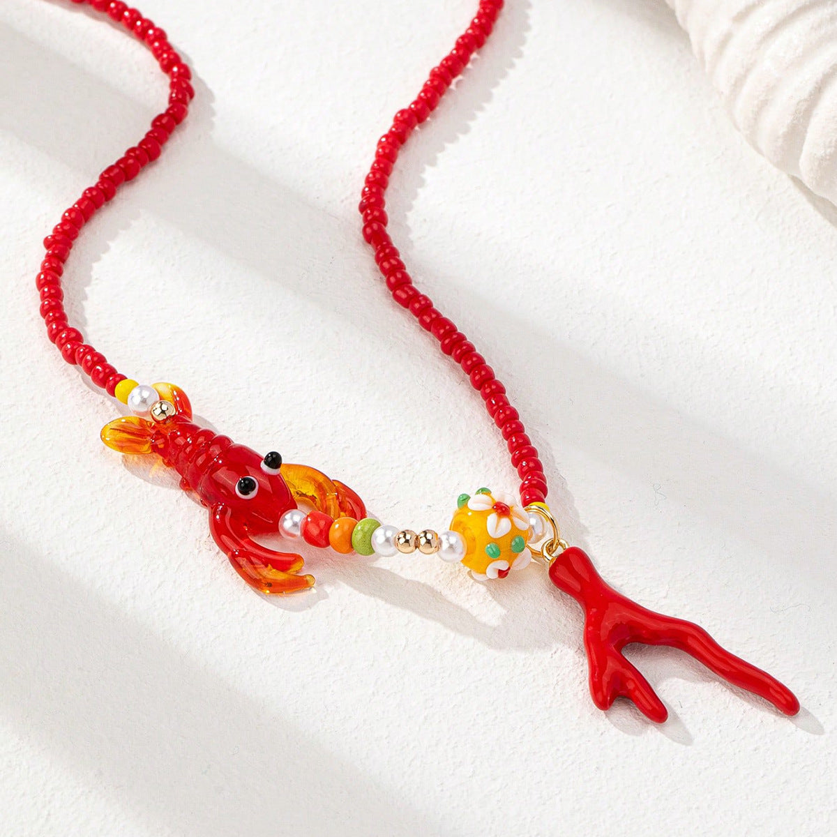 Beach Beaded Necklace for Women – Ocean Charm Coral Conch Pendant Jewelry