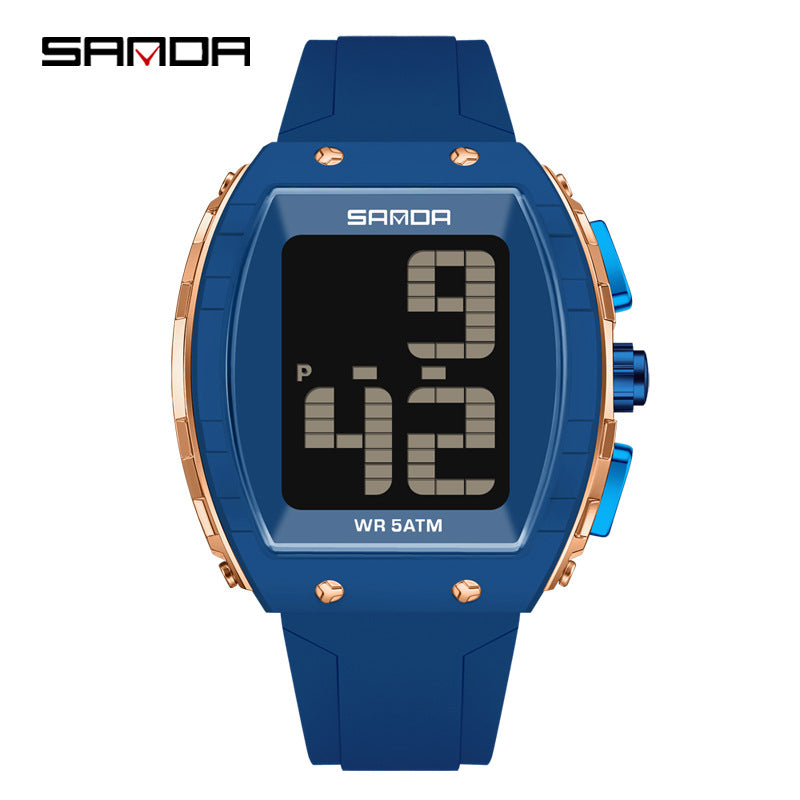 Sanda Digital Barrel Watch – Waterproof Multifunction Student Watch with Voice Time