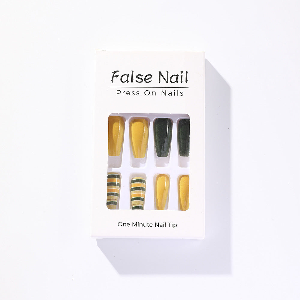Chic Almond Press-On Nails – Medium Striped Design Glue-On False Nails