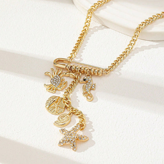 Gold Ocean Pendant Necklace for Women – Starfish, Seahorse & Conch Beach Jewelry