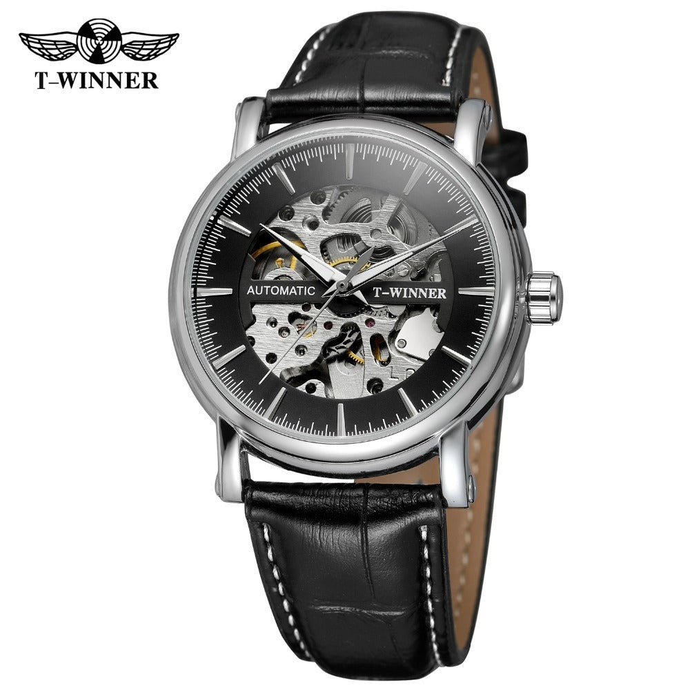 T-WINNER Automatic Mechanical Watch for Men – Hollow Dial Leather Strap Timepiece