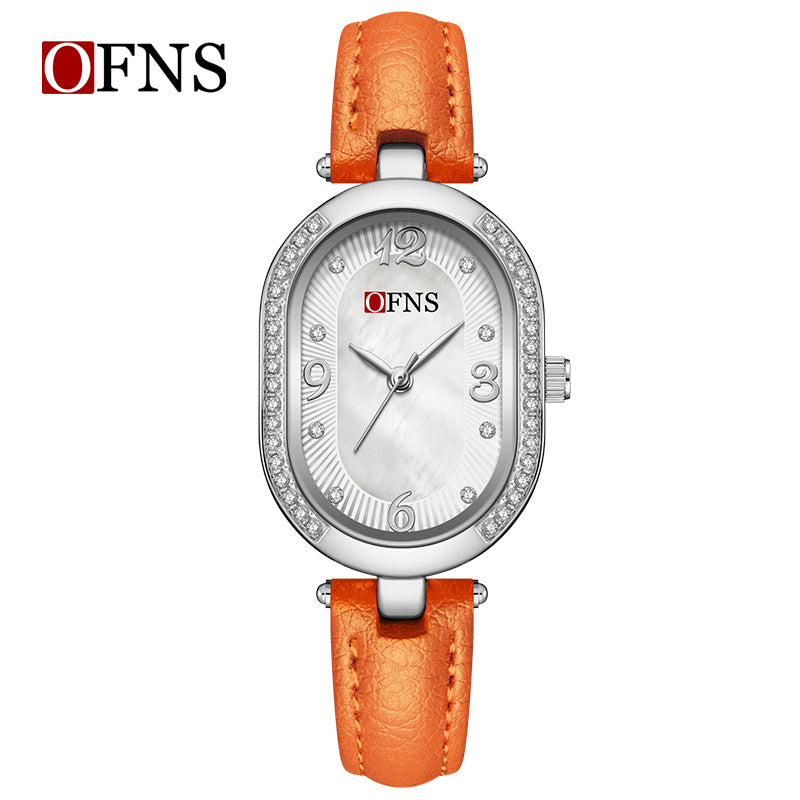 OFNS Diamond Oval Quartz Watch – Waterproof Watch for Women with Leather Strap