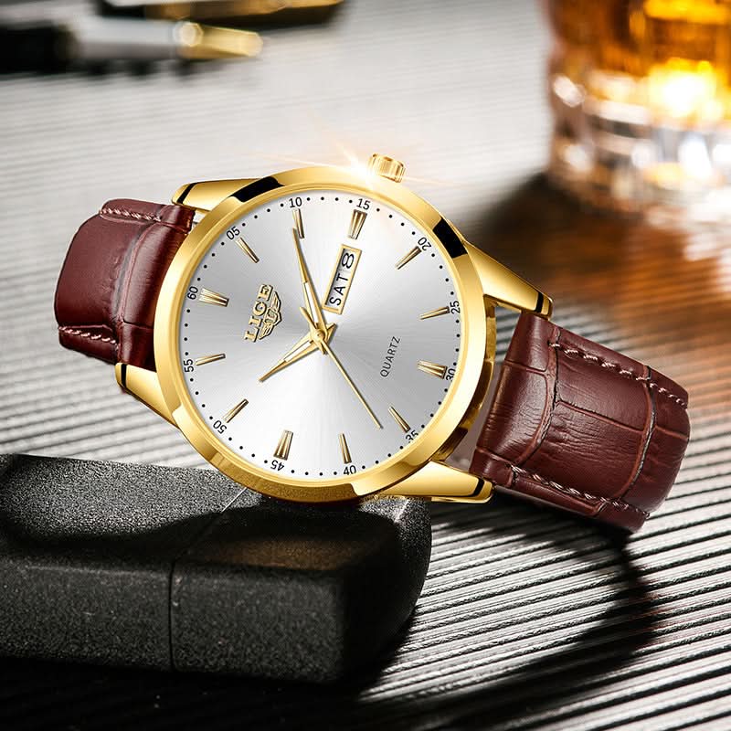 Men’s Business Quartz Watch with Dual Calendar & Luminous Hands – Leather Strap