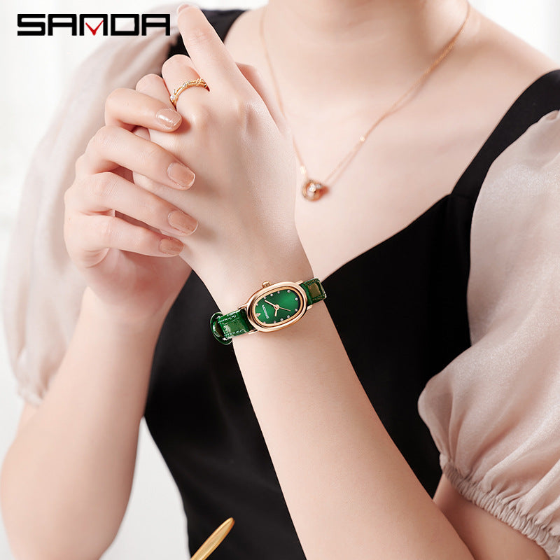 Sanda Women’s Leather Quartz Watch – Diamond Accent Oval Dial, Waterproof Casual Analog Watch