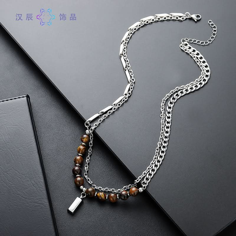 Men’s Tiger Eye Stone Necklace – Geometric Square Pendant