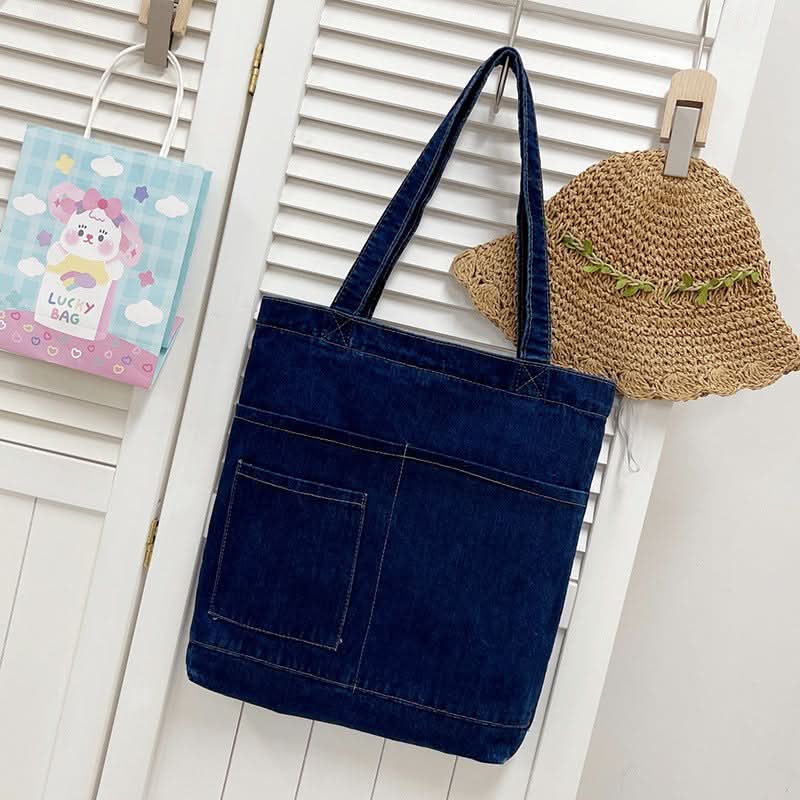 Korean-Style Denim Canvas Tote Bag – Casual Shoulder Handbag for Women, Girls & Students