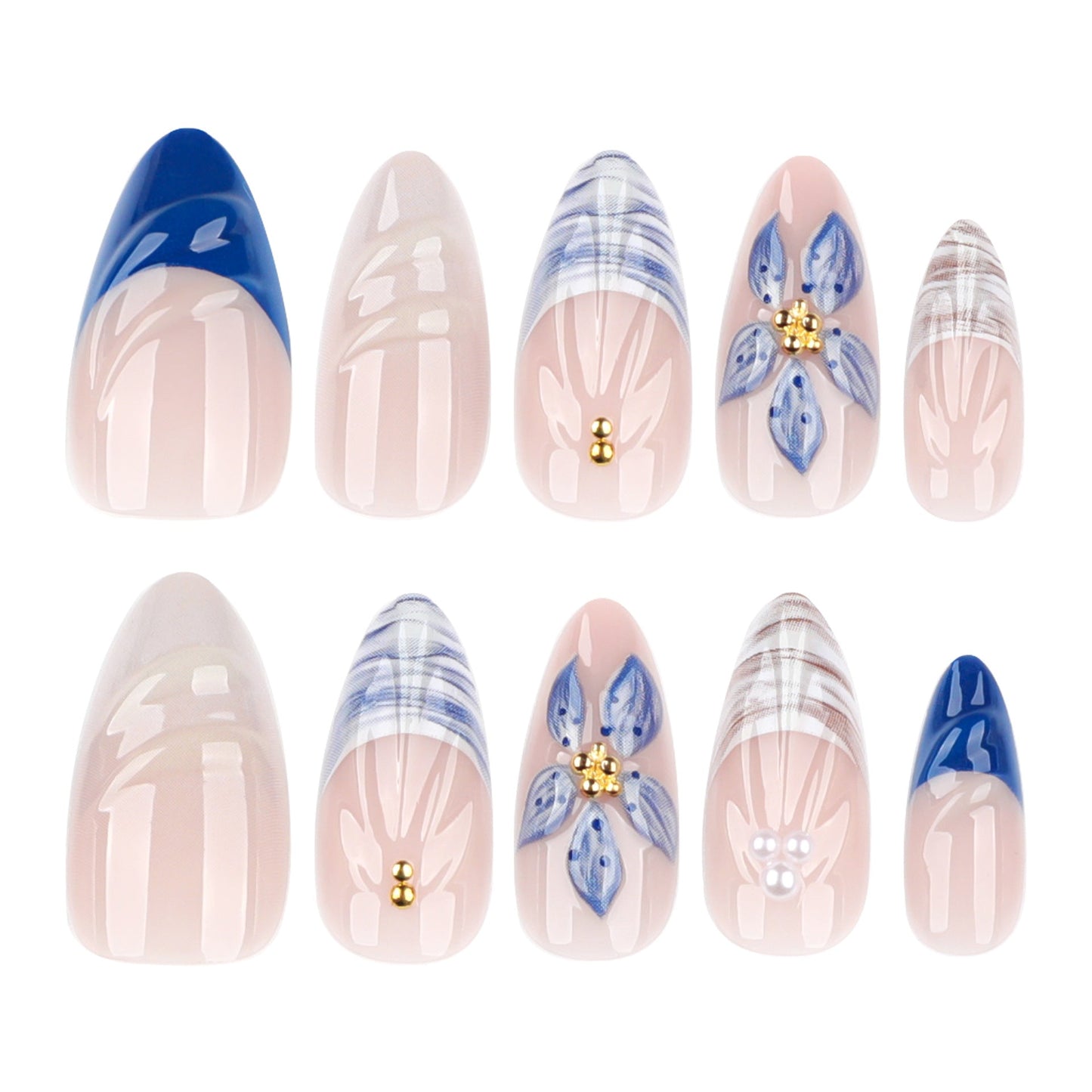 Blue Floral Stiletto Press-On Nails – 3D Art, Summer Beach Vibe, Glossy Finish
