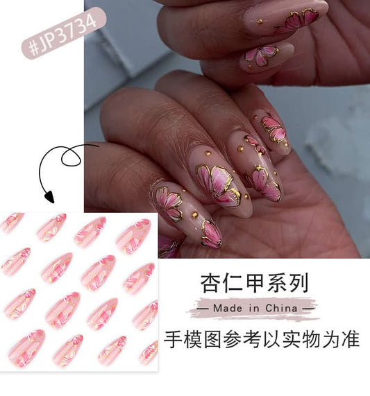 Short Almond Press-On Nails – Floral Design & Reusable