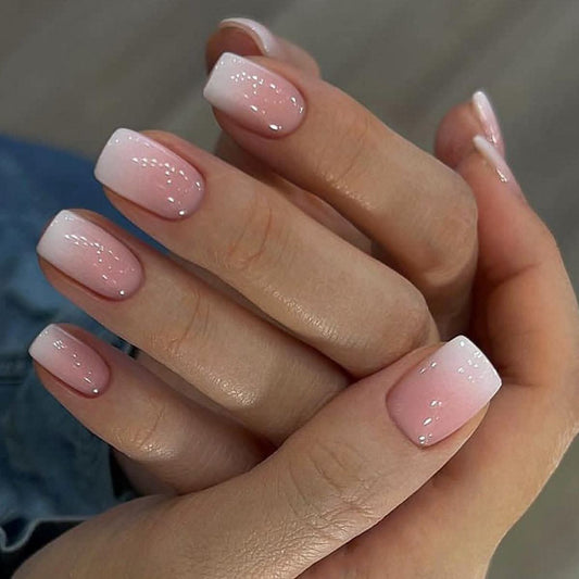 Gradient Pink & White Press-On Nail Art – Removable Square Pieces