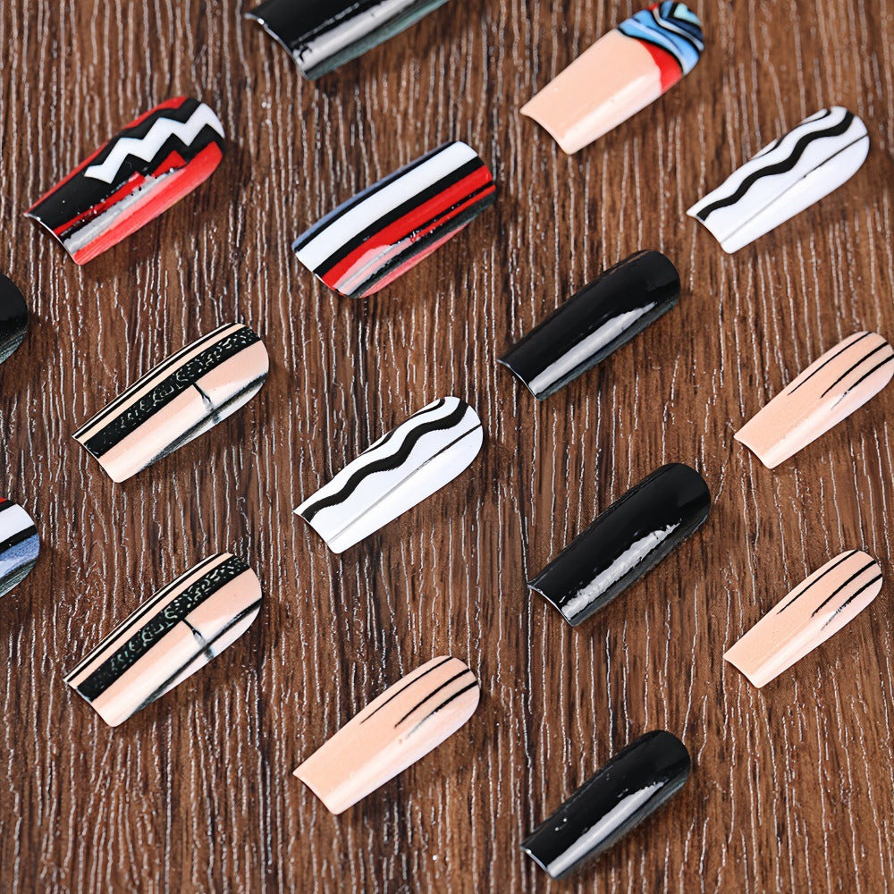 Bold Glossy Square Press-On Nails – Multicolor Acrylic with Striped & Wave Design