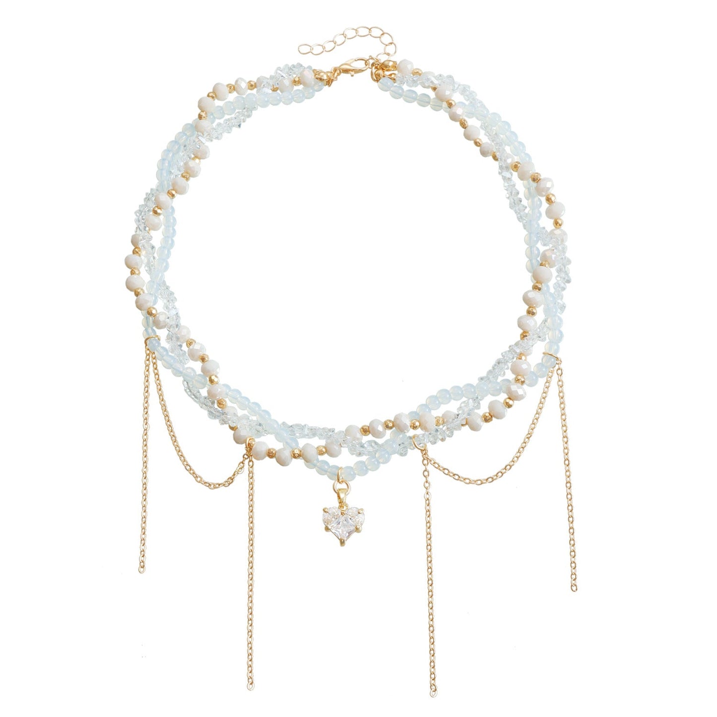 Layered Crystal Heart Tassel Necklace for Women – Gold Multi-Strand Chain Jewelry