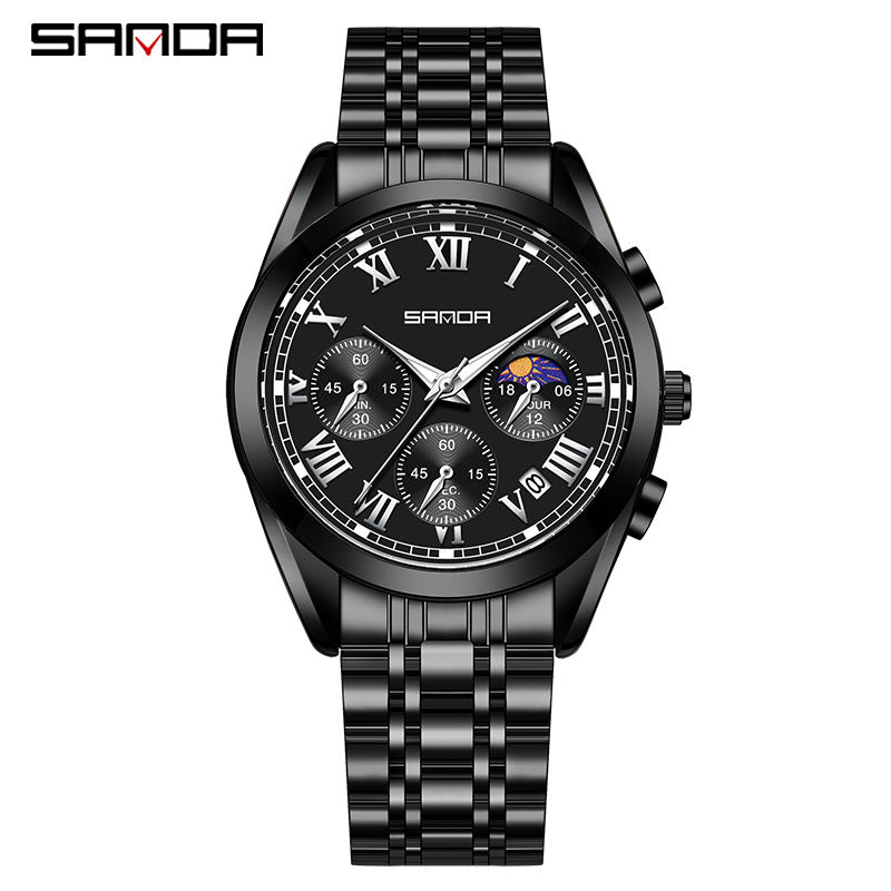 SANDA Men’s Six-Pin Quartz Watch – Stainless Steel Business Wristwatch with Calendar