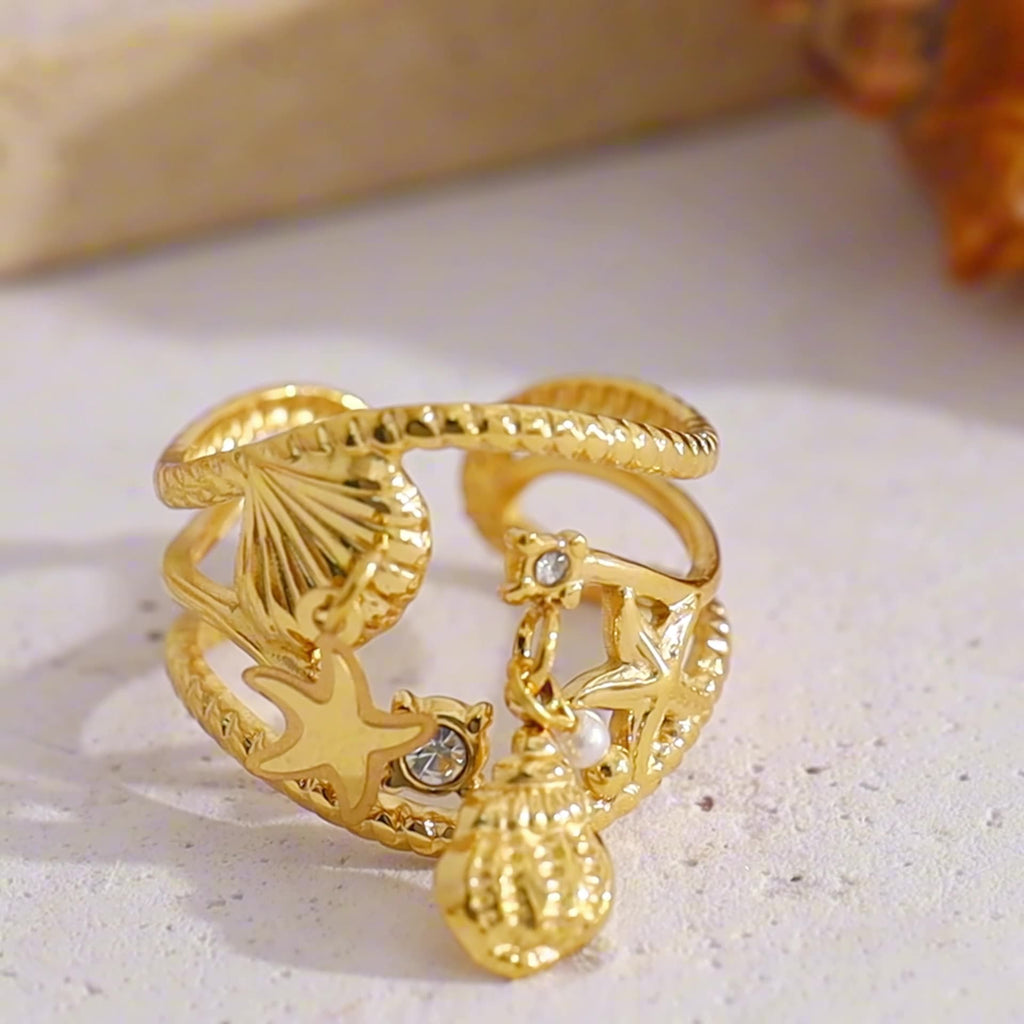 Ocean Starfish Shell Ring – Gold Titanium Steel Open Adjustable Beach Jewelry