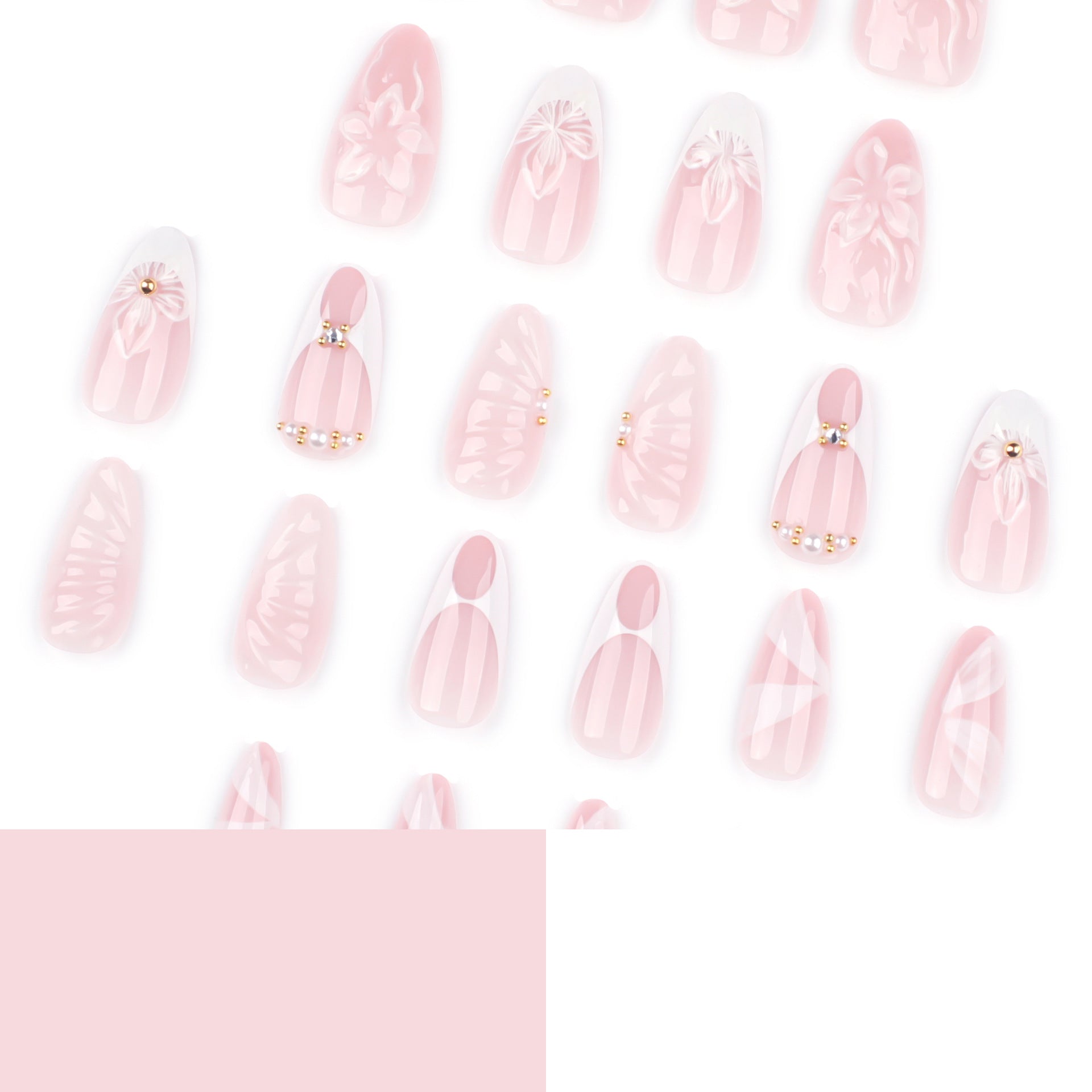 3D Floral Almond Press-On Nails – Elegant Nude White Acrylic Nails