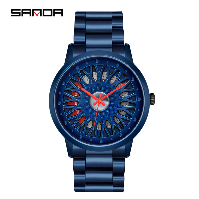 Sanda Men’s Quartz Watch – Hollow Wheel Dial, Stainless Steel Band Casual Timepiece