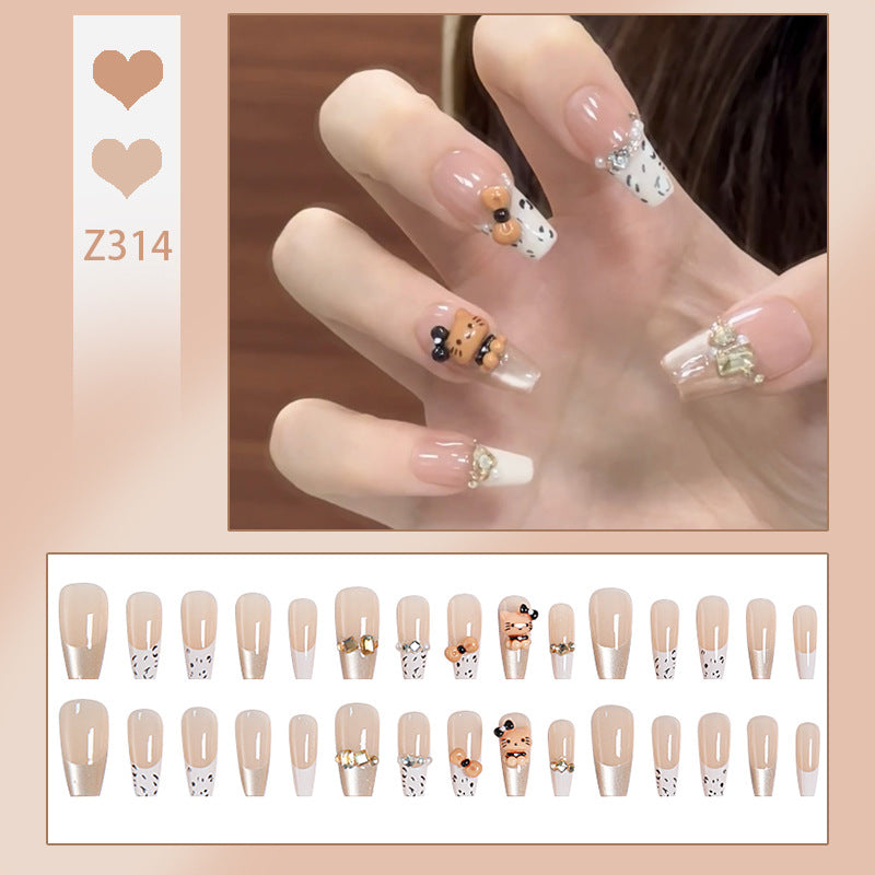 Cat Eye Leopard Press-On Nails – Long Coffin Acrylic Nail Set with Gems