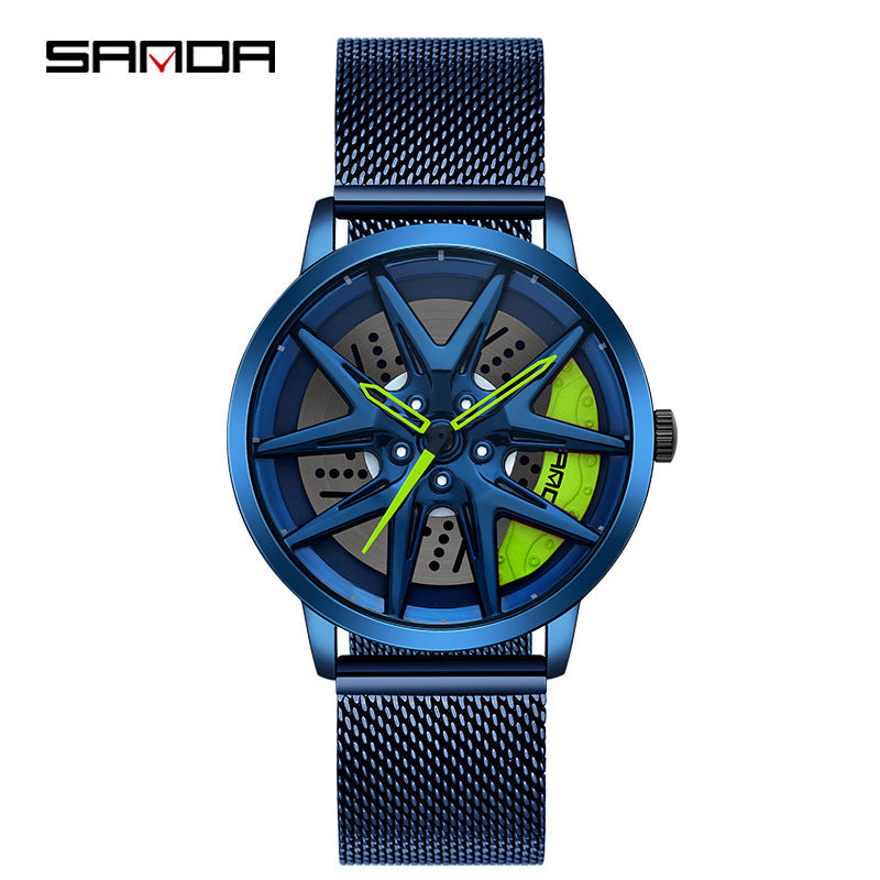Sanda Men’s Quartz Watch – Wheel Series Dial, Mesh Strap, Waterproof Fashion Timepiece