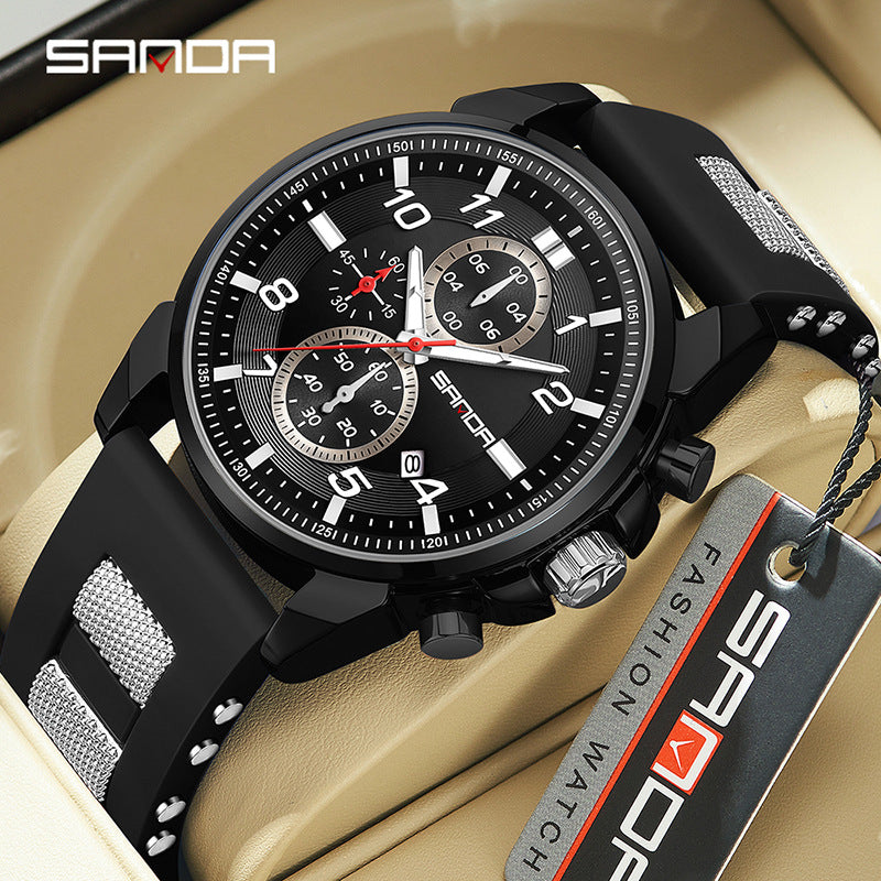 Sanda Men’s Silicone Quartz Watch – Three-Eye Chronograph, Waterproof Business Watch